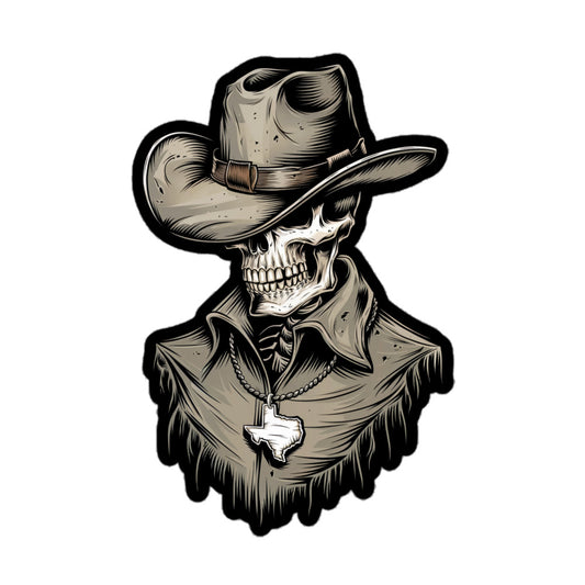 Skeleton Cowboy sticker featuring a skull wearing a wide-brimmed hat and a Texas pendant necklace