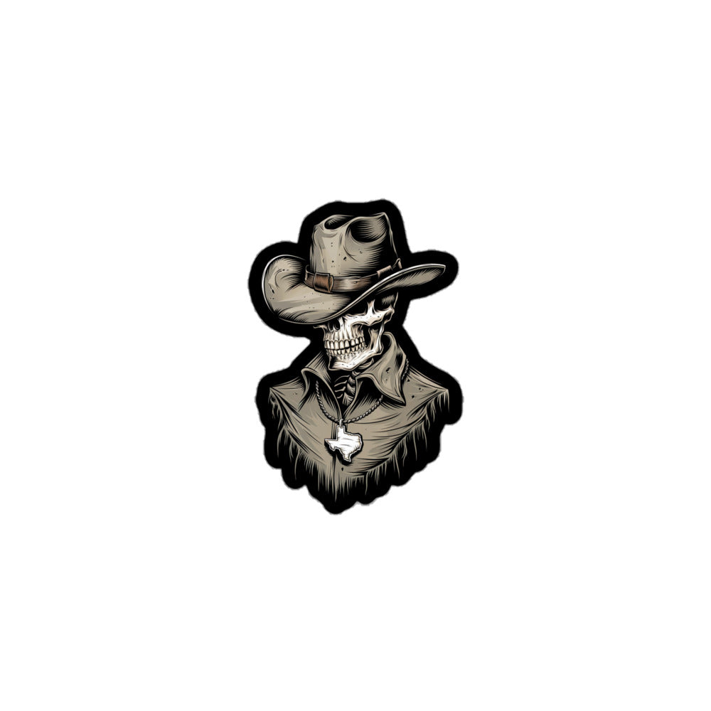 Skeleton Cowboy sticker by Amp'd Up Custom featuring a skull with cowboy hat and Texas pendant