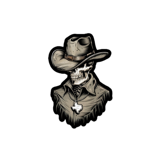 Skeleton Cowboy sticker by Amp'd Up Custom featuring a skull with a cowboy hat and Texas pendant
