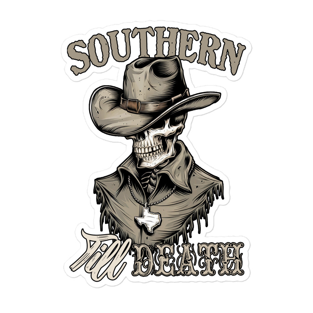 Southern Till Death Sticker featuring a skeleton in cowboy attire with a Texas shape