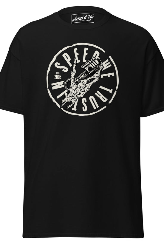 In Speed We Trust T-Shirt featuring a graphic design and bold lettering on a black base