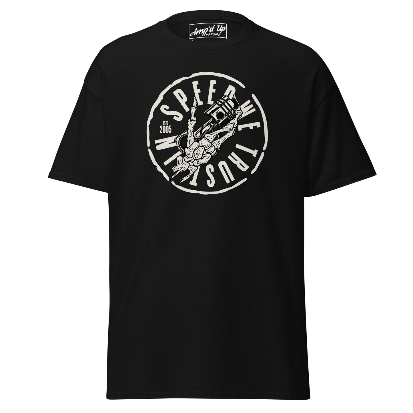 In Speed We Trust T-Shirt featuring a graphic design and bold lettering on a black base
