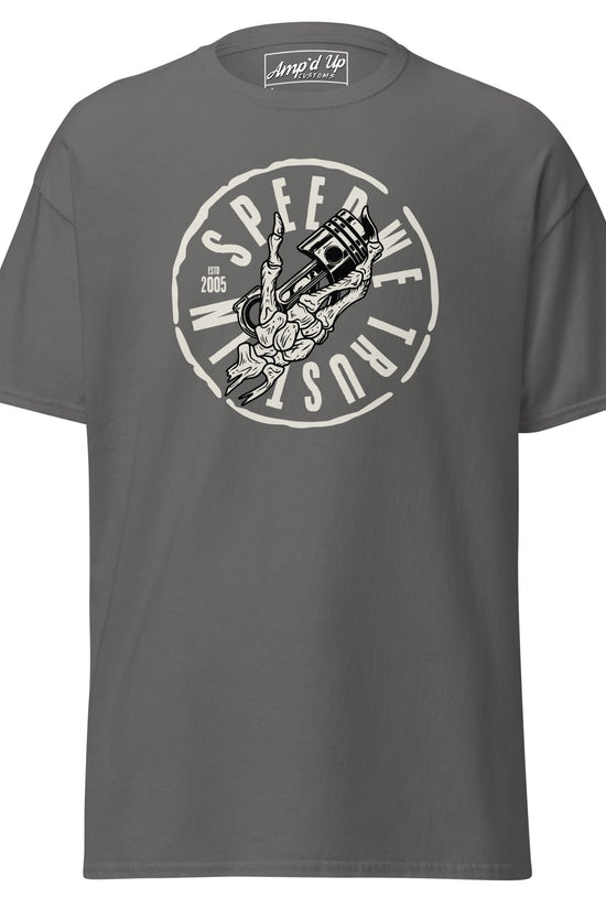 Grey In Speed We Trust T-Shirt featuring a vintage graphic design by AMP'D UP CUSTOMS