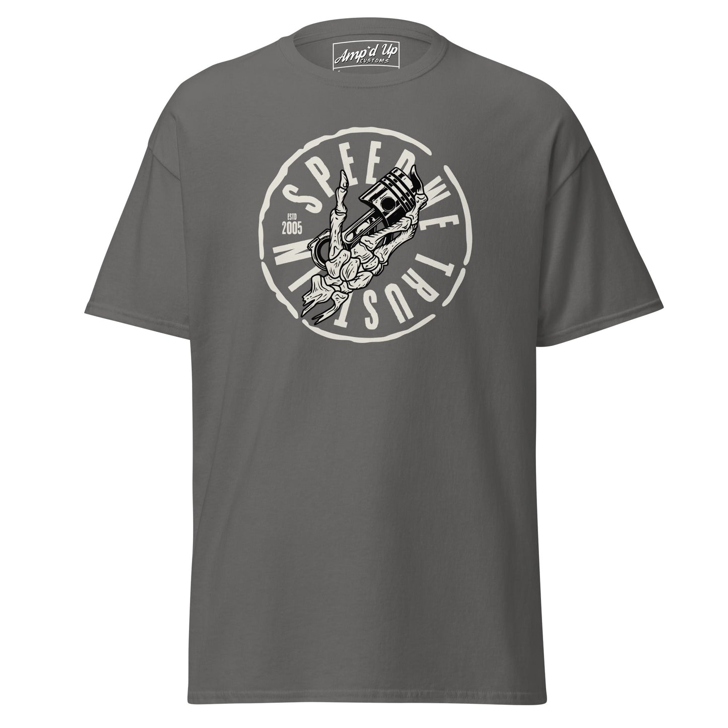 Grey In Speed We Trust T-Shirt featuring a vintage graphic design by AMP'D UP CUSTOMS