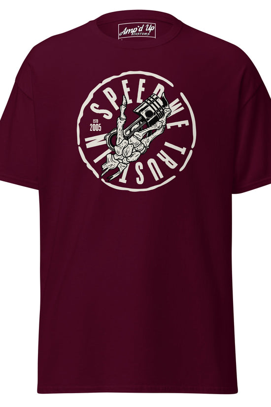 Maroon In Speed We Trust T-Shirt featuring unique graphic design and comfortable fit