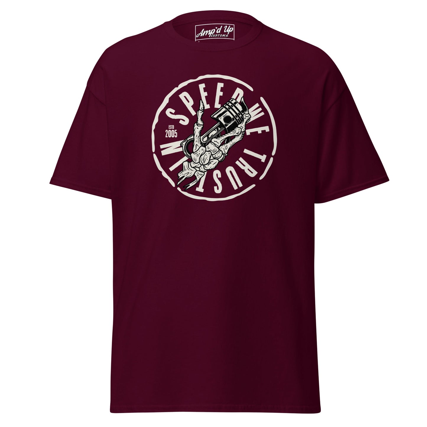 Maroon In Speed We Trust T-Shirt featuring unique graphic design and comfortable fit