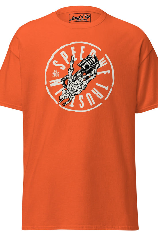 In Speed We Trust T-Shirt in orange featuring a graphic design for racing enthusiasts