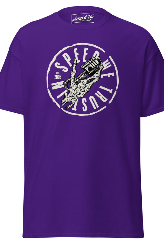 Purple In Speed We Trust T-Shirt featuring a graphic design for casual wear