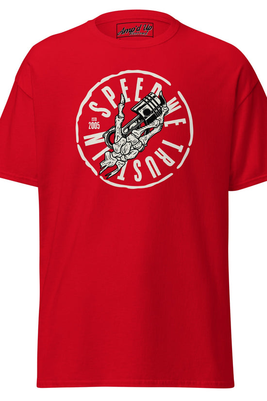 Red In Speed We Trust T-Shirt featuring a graphic design of a racing hand and text