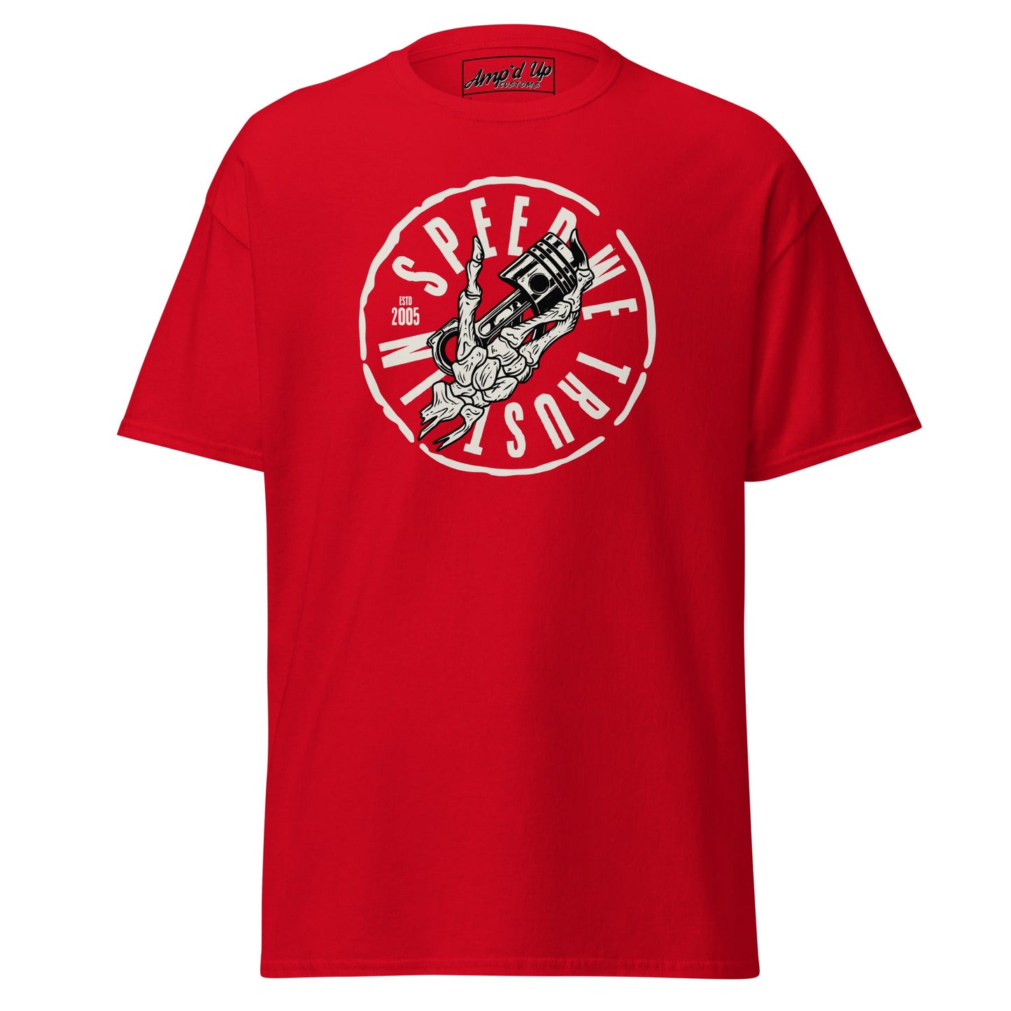 Red In Speed We Trust T-Shirt featuring a graphic design of a racing hand and text
