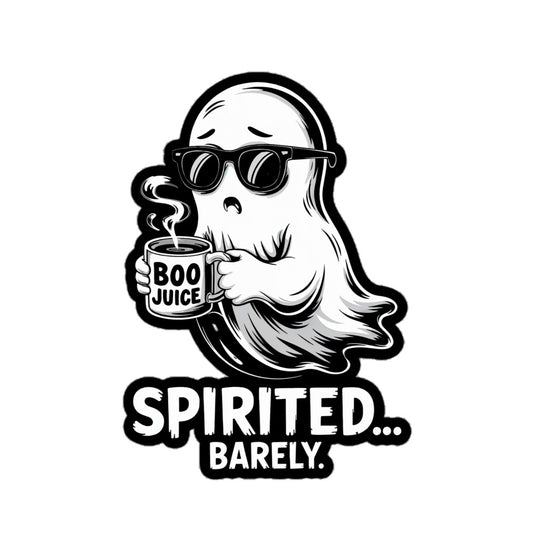 Spirited Barely Ghost sticker by Amp'd Up Custom featuring a ghost with sunglasses holding a Boo Juice mug