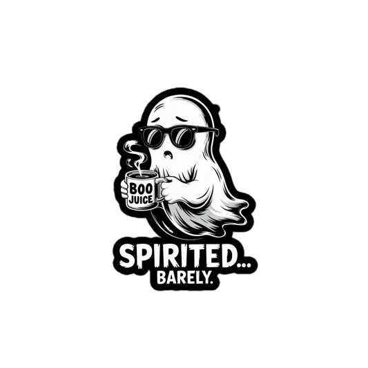 Spirited Barely Ghost sticker by Amp'd Up Custom featuring a cool ghost with sunglasses holding a Boo Juice mug