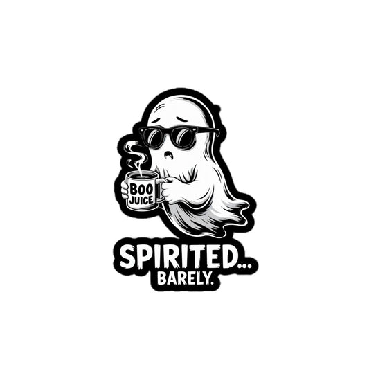 Spirited Barely sticker featuring a ghost with sunglasses holding a Boo Juice mug in black and white