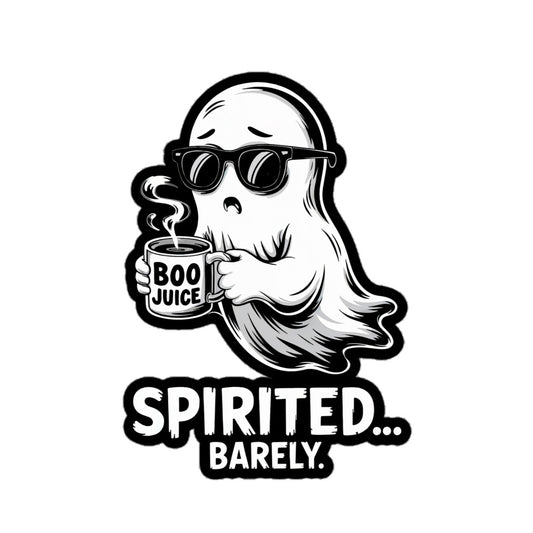 Amp'd Up Custom Spirited Barely sticker featuring a ghost wearing sunglasses holding a Boo Juice mug