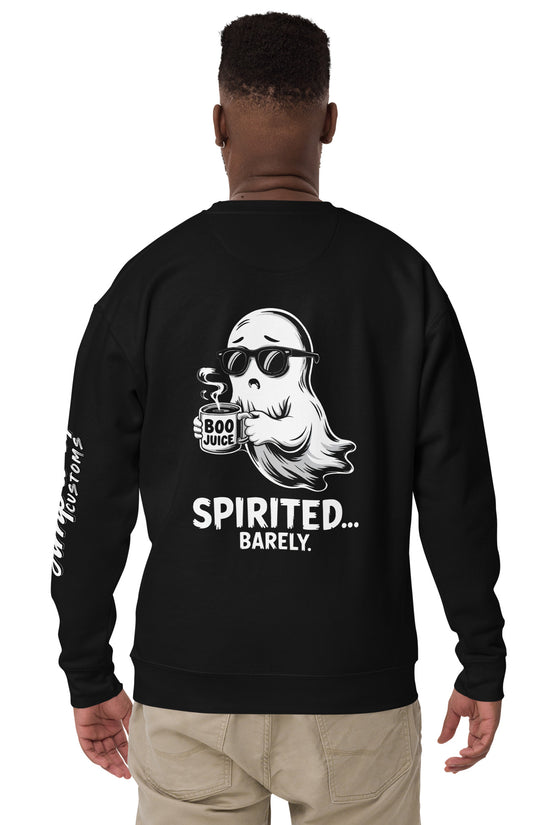 Spirited Barely Sweatshirt Graphic On Back featuring a ghost with sunglasses holding a Boo Juice mug