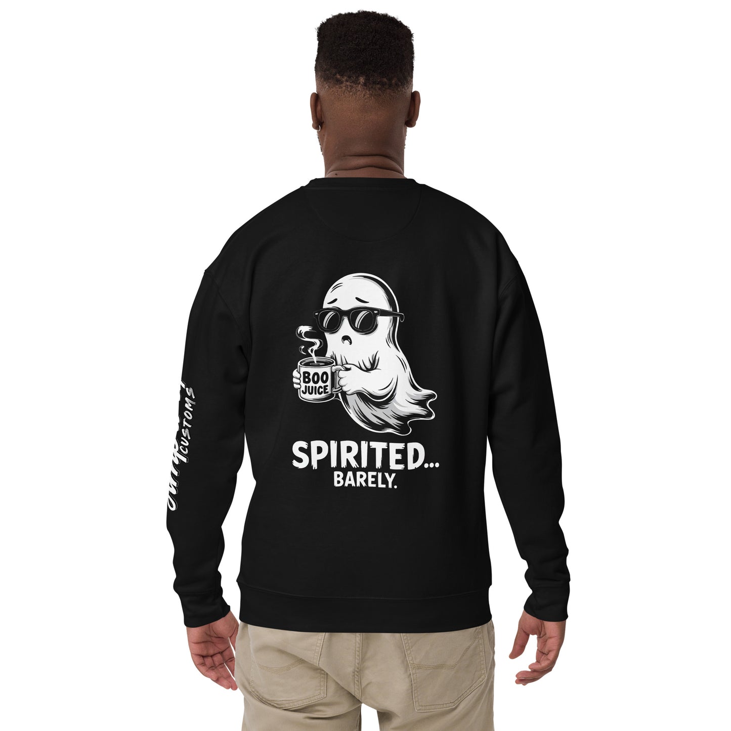 Spirited Barely Sweatshirt Graphic On Back featuring a ghost with sunglasses holding a Boo Juice mug