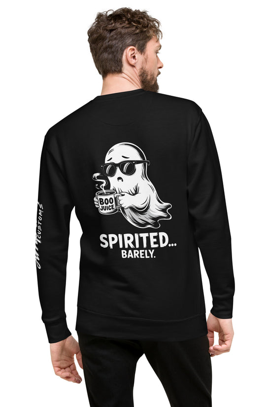 Black sweatshirt featuring Spirited Barely Sweatshirt Graphic On Back with ghost holding Boo Juice mug