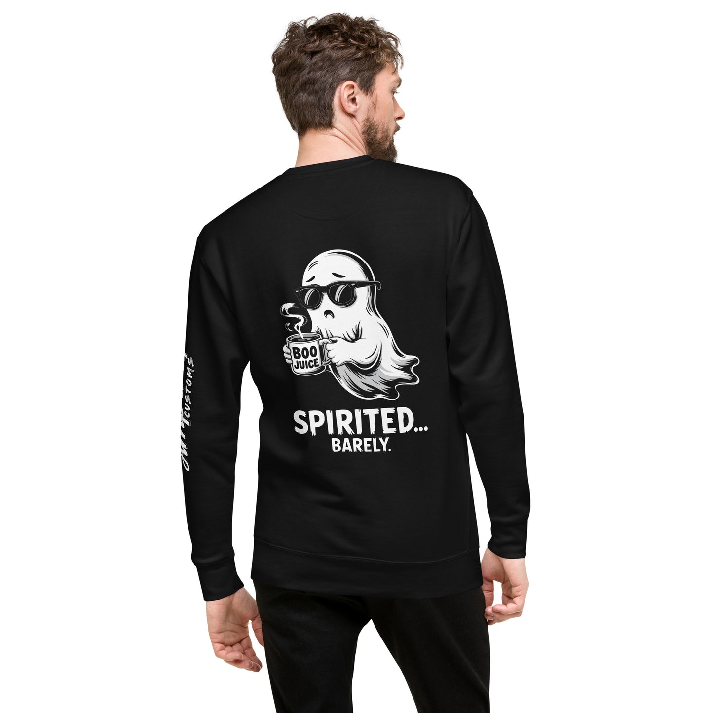 Black sweatshirt featuring Spirited Barely Sweatshirt Graphic On Back with ghost holding Boo Juice mug