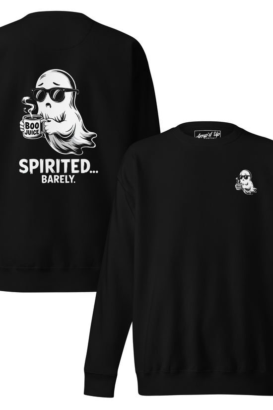 Black sweatshirt with Spirited Barely Sweatshirt Graphic On Back featuring ghost holding Boo Juice cup