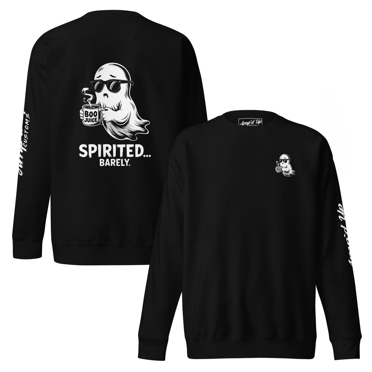 Black sweatshirt with Spirited Barely Sweatshirt Graphic On Back featuring ghost holding Boo Juice cup