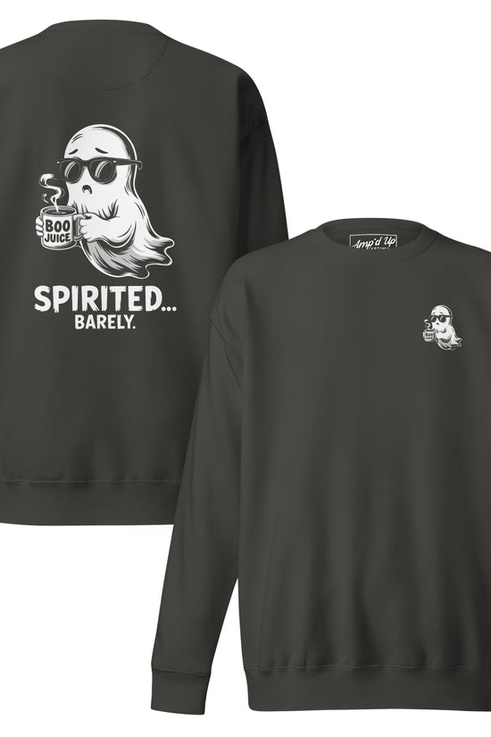 Amp'd Up Custom black sweatshirt with Spirited Barely Sweatshirt Graphic On Back ghost holding Boo Juice mug
