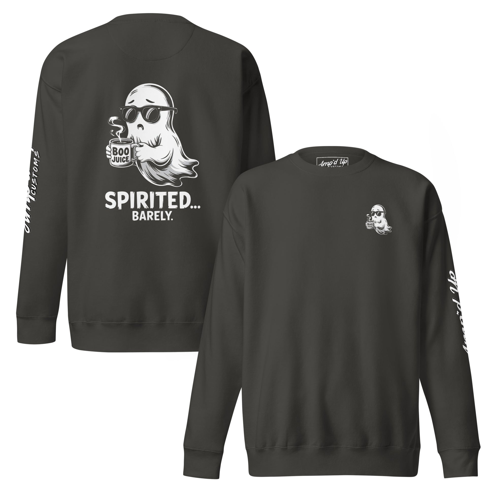 Amp'd Up Custom black sweatshirt with Spirited Barely Sweatshirt Graphic On Back ghost holding Boo Juice mug