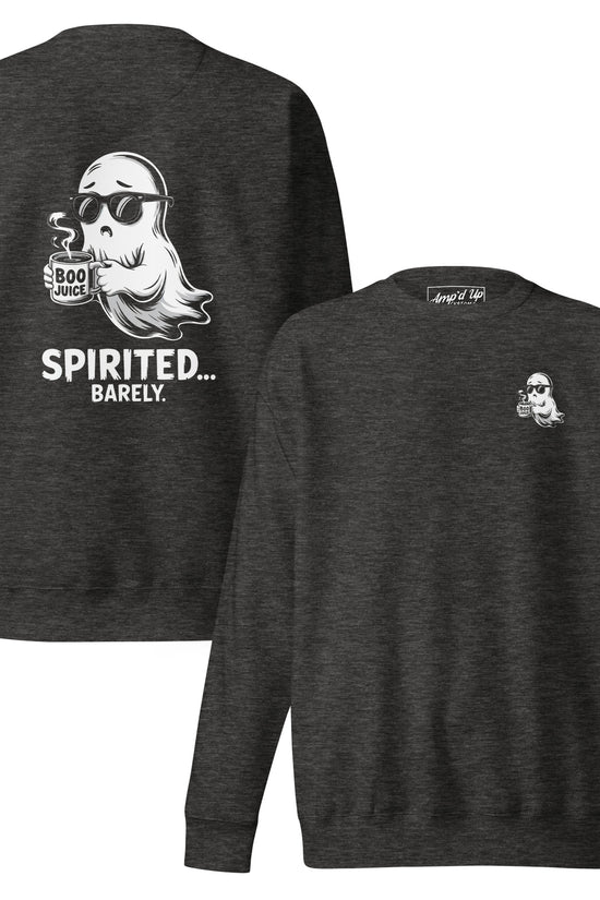 Spirited Barely Sweatshirt Graphic On Back with ghost holding Boo Juice in black long sleeve crewneck