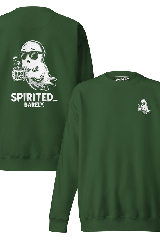 Green sweatshirt featuring Spirited Barely Sweatshirt Graphic On Back with ghost holding Boo Juice cup