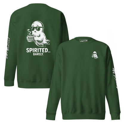 Green sweatshirt featuring Spirited Barely Sweatshirt Graphic On Back with ghost holding Boo Juice cup