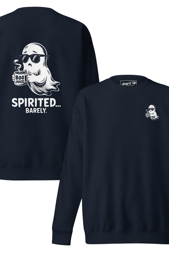 Amp'd Up Custom Spirited Barely Sweatshirt Graphic On Back with ghost holding Boo Juice cup in black