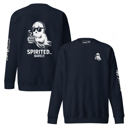 Amp'd Up Custom Spirited Barely Sweatshirt Graphic On Back with ghost holding Boo Juice cup in black