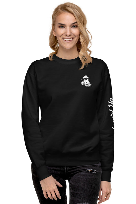 Woman wearing black Spirited Barely Sweatshirt Graphic On Back with small front and sleeve design
