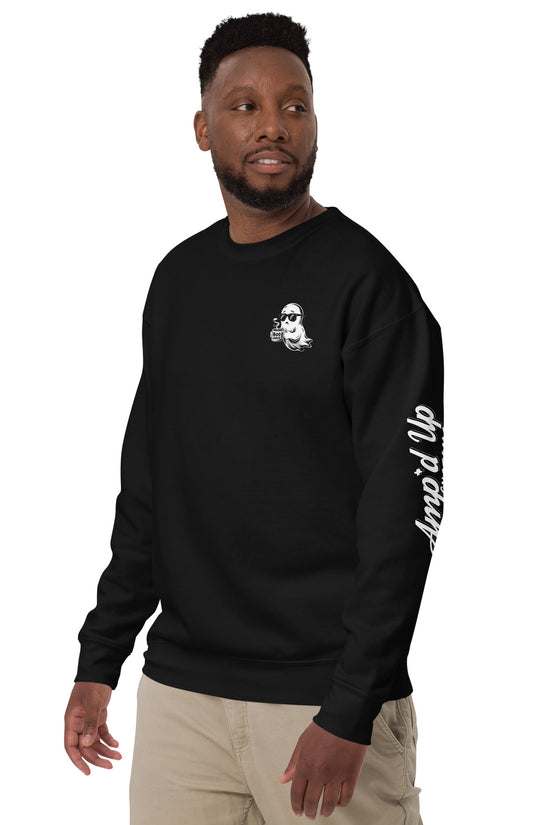 Black Spirited Barely Sweatshirt Graphic On Back with white logo on chest and sleeve by Amp'd Up Custom