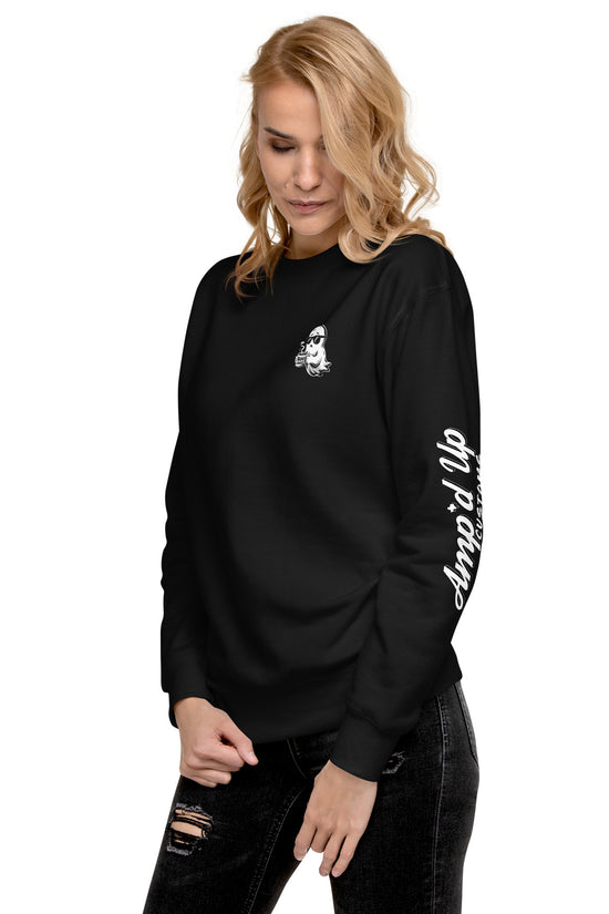 Black Spirited Barely Sweatshirt Graphic On Back with Amp'd Up Custom logo on sleeve worn by woman