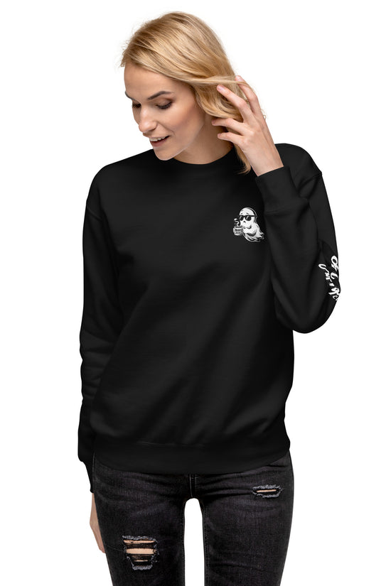 Spirited Barely Sweatshirt Graphic On Back black crewneck sweatshirt with skull design on left chest and sleeve