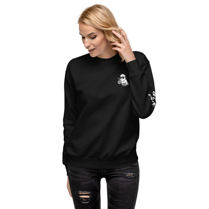 Spirited Barely Sweatshirt Graphic On Back black crewneck sweatshirt with skull design on left chest and sleeve