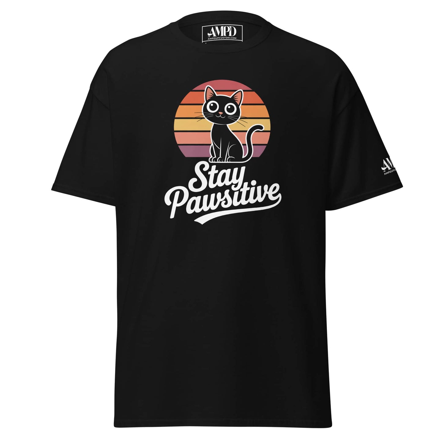 Stay Pawsitive Kitty Cat Lover Graphic T-Shirt in black featuring a playful cat design