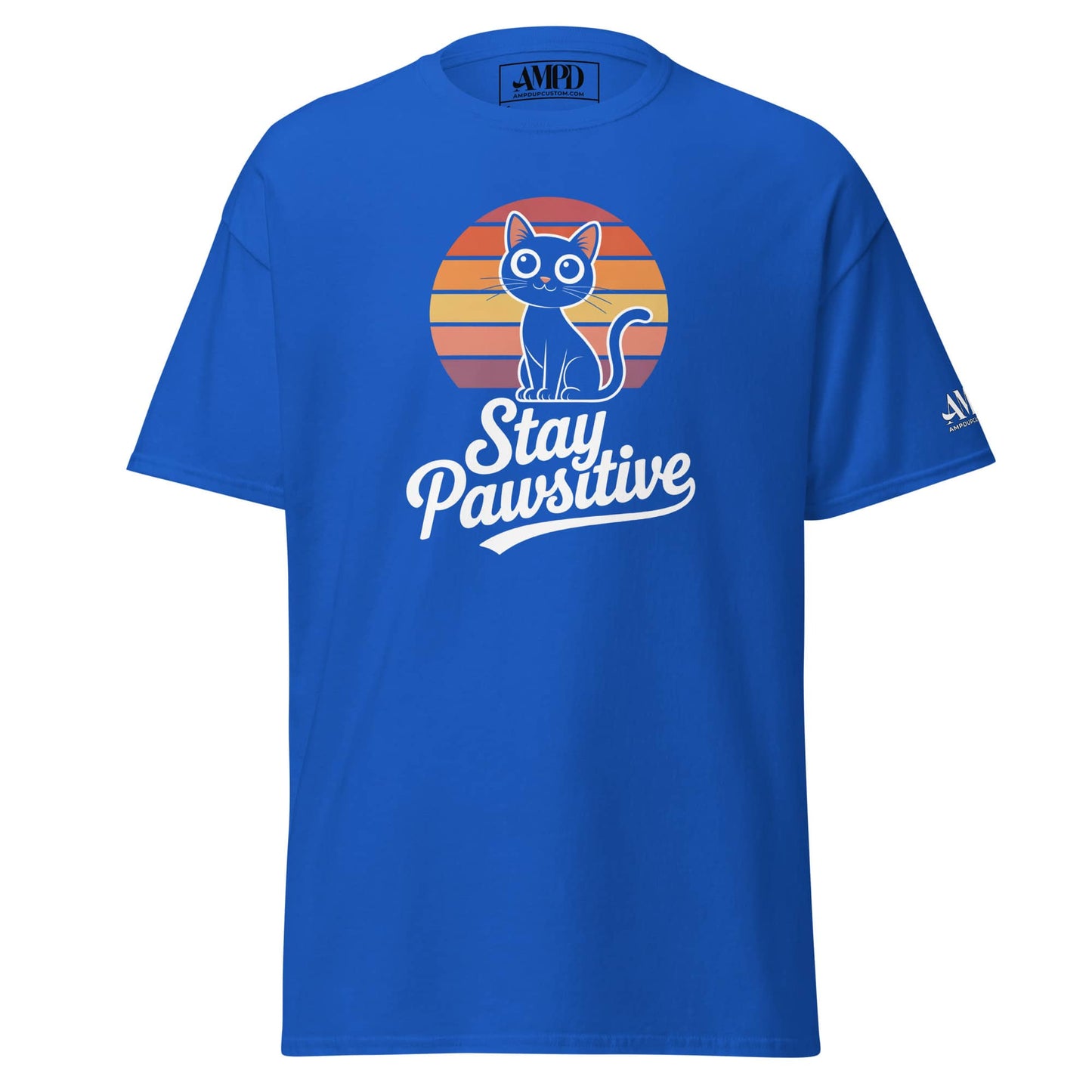 Stay Pawsitive Kitty Cat Lover Graphic T-Shirt in blue with a playful cat design