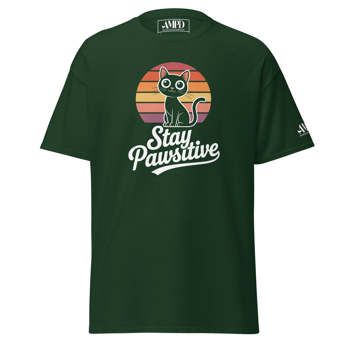 Stay Pawsitive Kitty Cat Lover Graphic T-Shirt in dark green with playful cat design