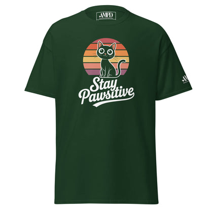 Stay Pawsitive Kitty Cat Lover Graphic T-Shirt in dark green with playful cat design