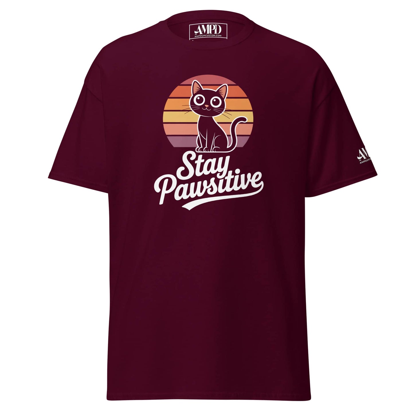 Amp'd Up Custom Stay Pawsitive Kitty Cat Lover Graphic T-Shirt in Burgundy with Retro Cat Design