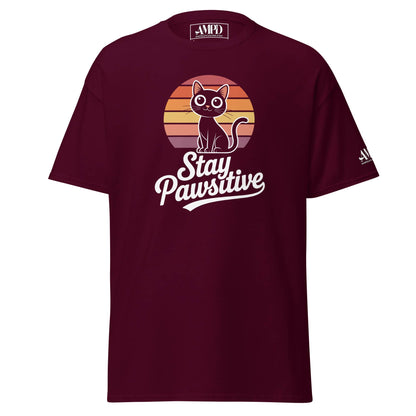 Amp'd Up Custom Stay Pawsitive Kitty Cat Lover Graphic T-Shirt in Burgundy with Retro Cat Design
