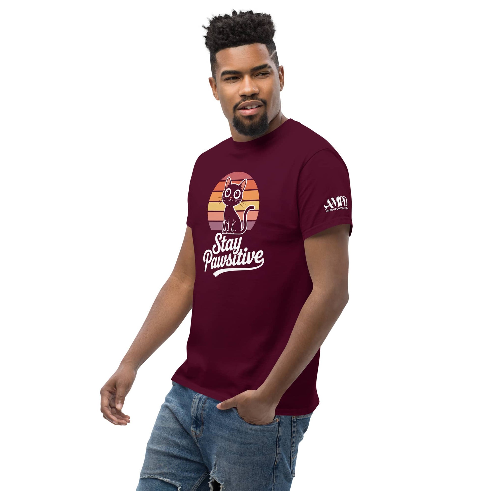Amp'd Up Custom Stay Pawsitive Kitty Cat Lover Graphic T-Shirt in Burgundy Color