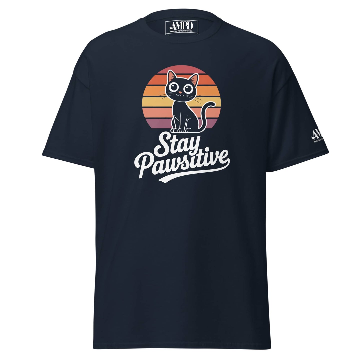 Stay Pawsitive Kitty Cat Lover Graphic T-Shirt in navy featuring a cute cat and retro stripes