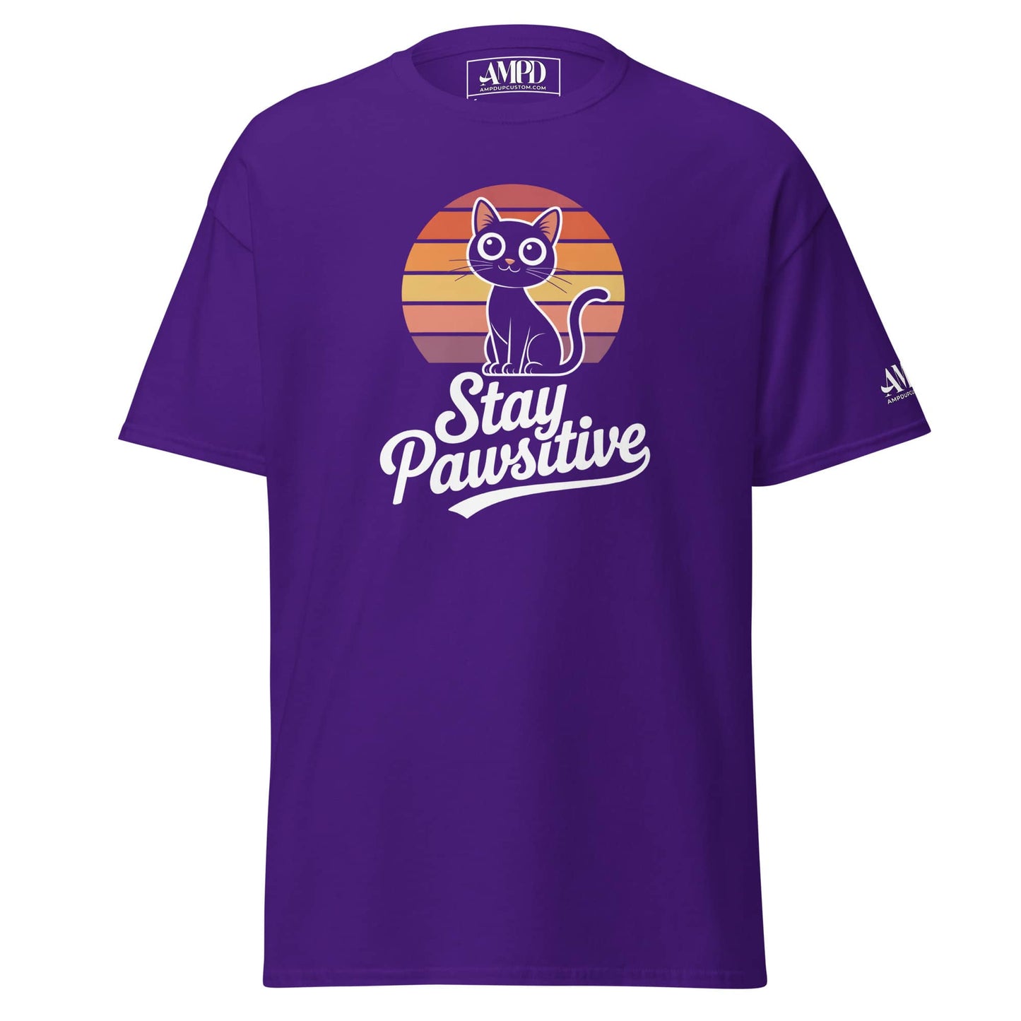 Purple Stay Pawsitive Kitty Cat Lover Graphic T-Shirt with Retro Cat Design
