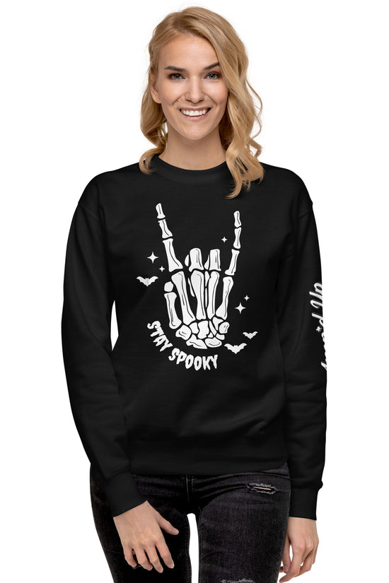 Amp'd Up Custom Stay Spooky Sweatshirt in black with skeleton hand and bats design