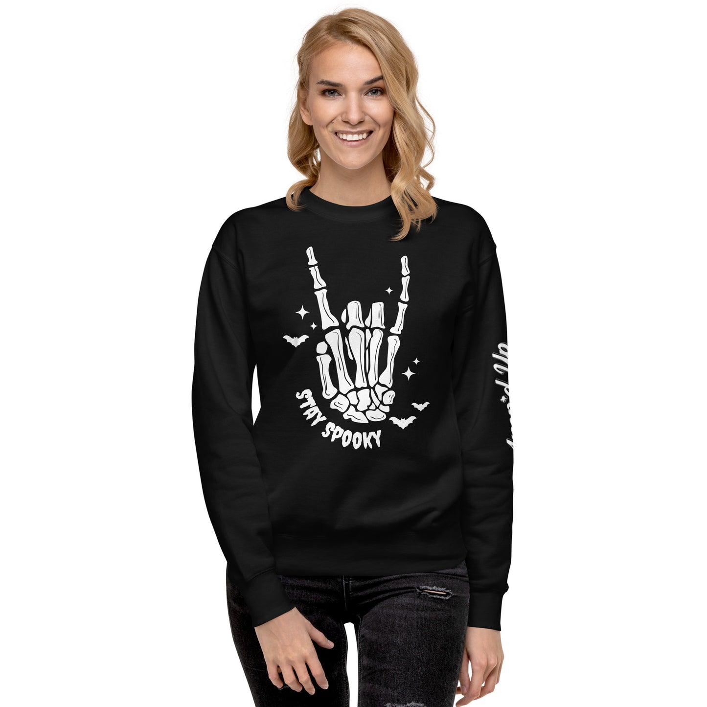 Amp'd Up Custom Stay Spooky Sweatshirt in black with skeleton hand and bats design
