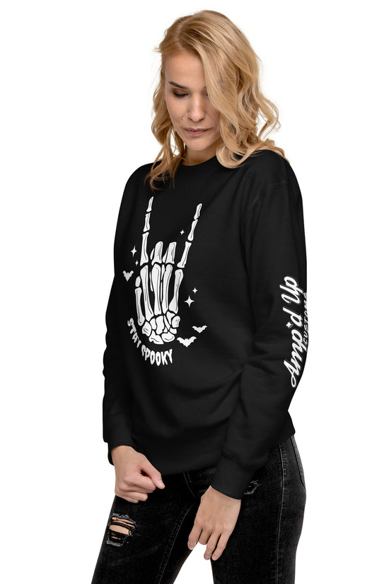 Amp'd Up Custom black Stay Spooky Sweatshirt with skeleton hand graphic and sleeve text