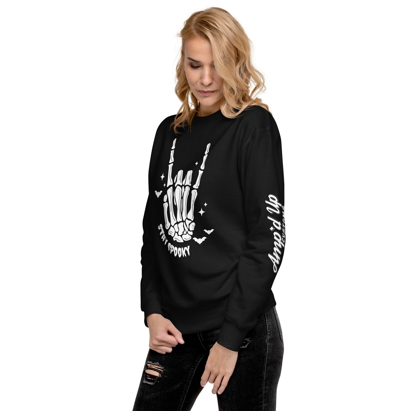 Amp'd Up Custom black Stay Spooky Sweatshirt with skeleton hand graphic and sleeve text