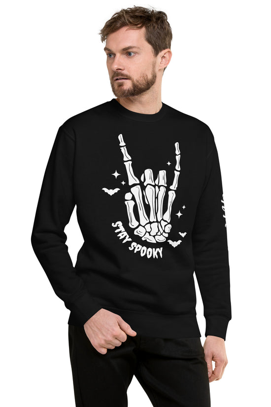 Amp'd Up Custom Stay Spooky Sweatshirt black with skeleton hand and bats design for Halloween